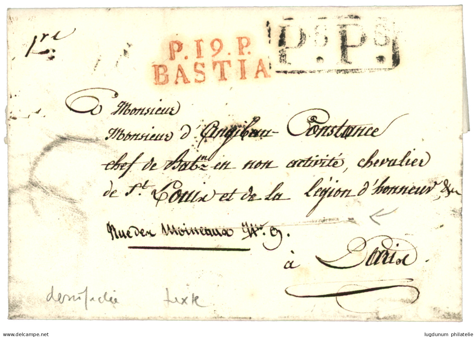 CORSE : 1820  Rare Cursive 19 Cervionne / BASTIA En ROUGE Au Verso + P.19.P BASTIA Rouge Sur Lettre PURIFIEE Ss Texte Po - 1801-1848: Precursors XIX