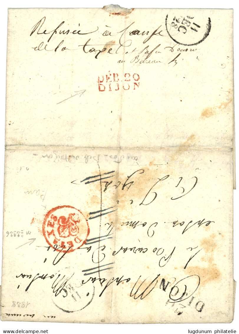 COTE D' OR - DETAXES : 1828 20 DIJON + Cachet Rouge DETAXES + Verso DEB. 20 DIJON Rouge Sur Lettre Avec Texte. Associati - 1801-1848: Precursori XIX