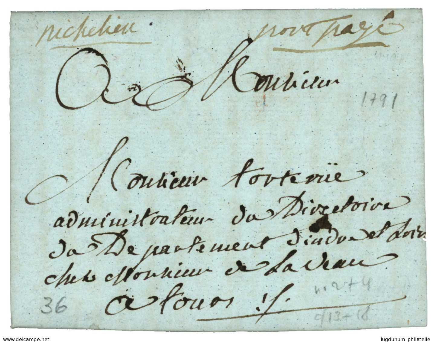INDRE ET LOIRE : 1791 "RICHELIEU" Lenain 2 + "PORT PAYE" Lenain 4 Sur Lettre Avec Texte. Superbe. - 1701-1800: Precursors XVIII