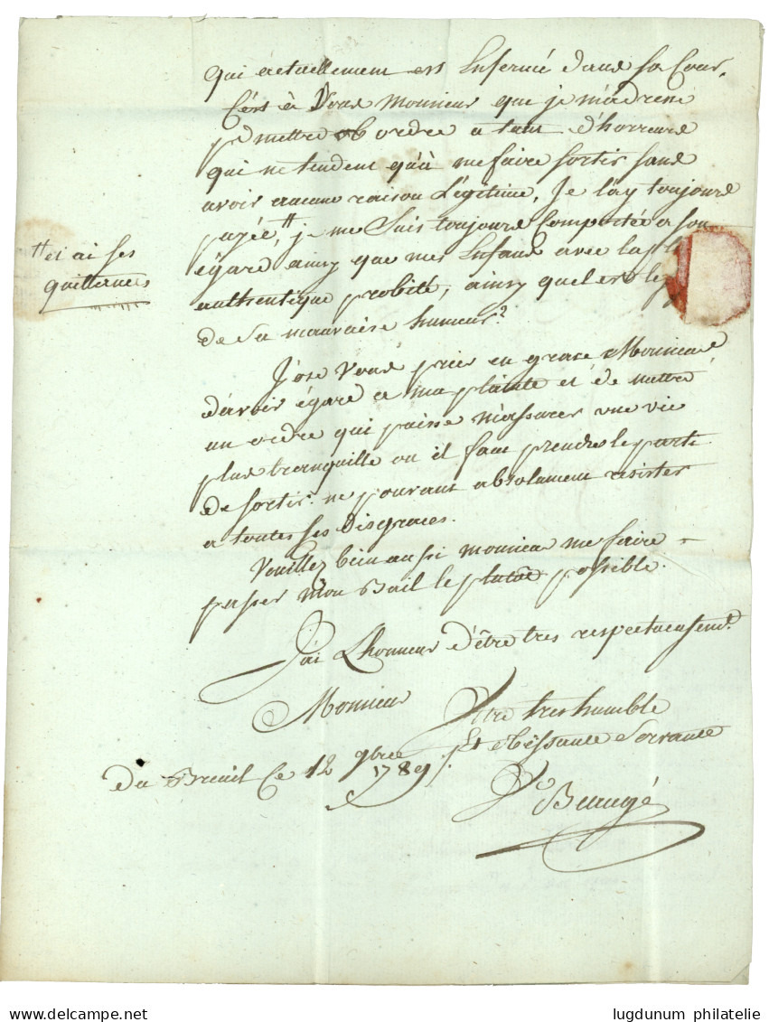 INDRE ET LOIRE : 1789 "ST CHRISTOPHE" (Lenain 1) + PAYE Manus. (Lenain 2) Sur Lettre Avec Texte Daté "BREUIL". TTB. - 1701-1800: Precursores XVIII