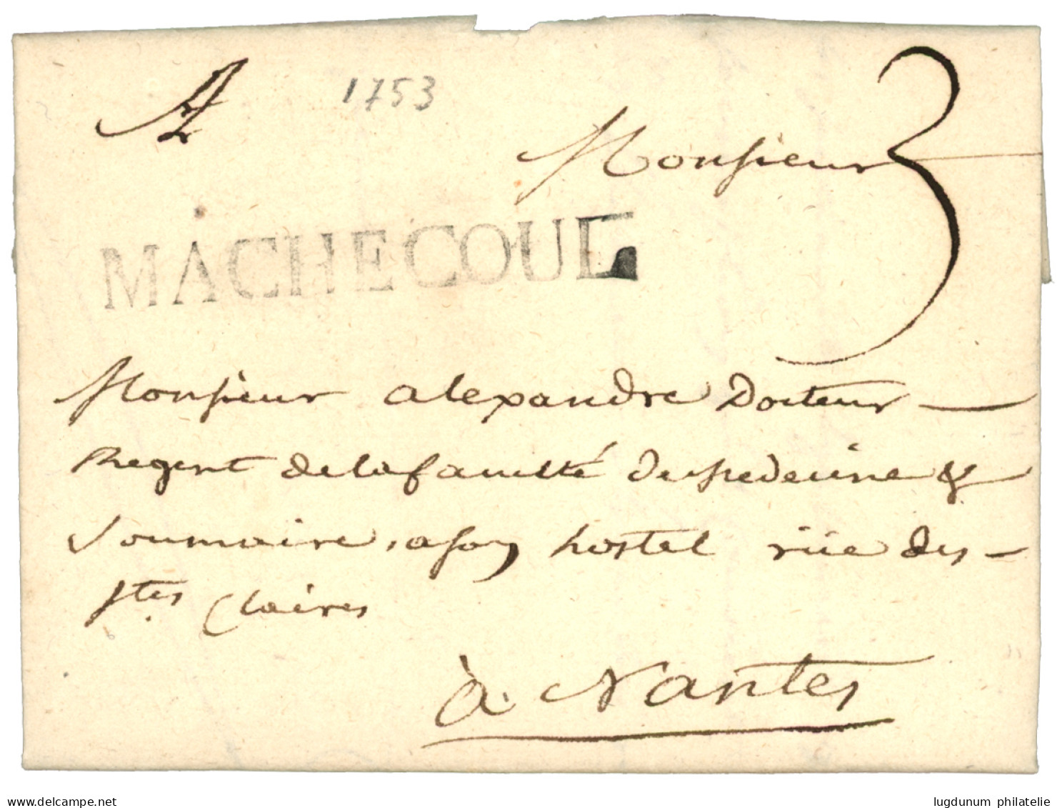 LOIRE INF. : 1753 MACHECOUL (Lenain 2) Sur Lettre Avec Texte. Indice 20. TTB. - 1701-1800: Vorläufer XVIII