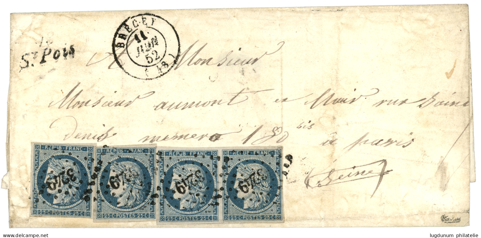 MANCHE : 1852 25c CERES (n°4)x4, Un Ex. Pd Obl. PC 3249 + Cursive 48 St POIS + T.15 BRECEY Sur Lettre Pour PARIS. Triple - 1849-1876: Periodo Clásico