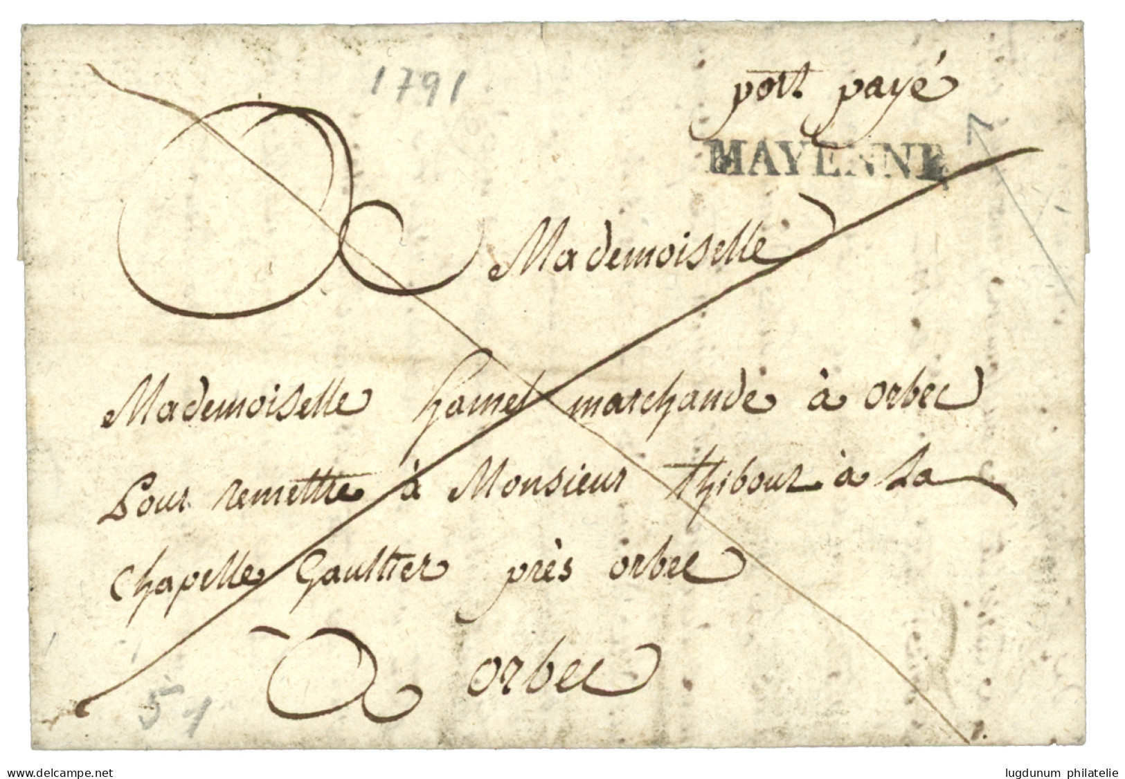 MAYENNE : 1791 MAYENNE (Lenain 2) + "PORT PAYE" (Lenain 4a)  Sur Lettre Avec Texte Incomplet. TTB. - 1701-1800: Precursores XVIII