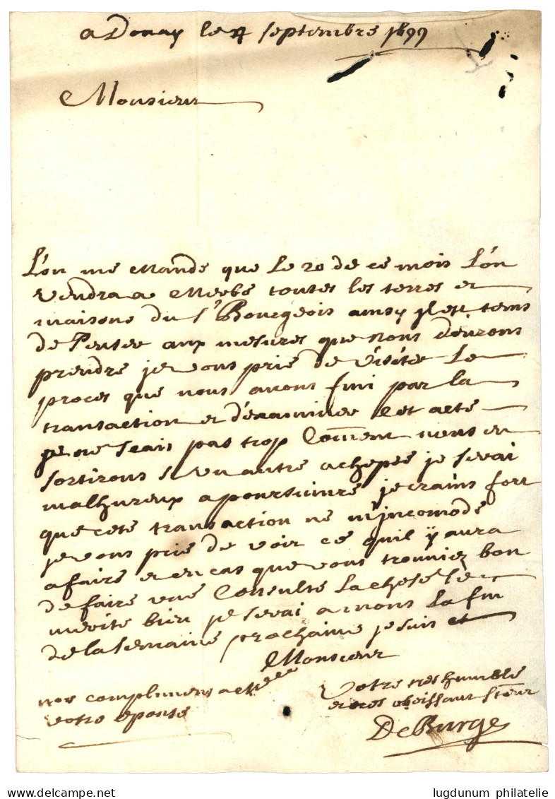 NORD : 1699 "DOUAY" Manuscrit Sur Lettre Avec Texte Pour MONS (BELGIQUE). Indice 21. Superbe. - ....-1700: Precursores