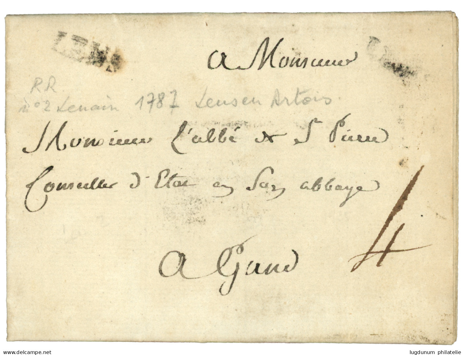PAS DE CALAIS : 1787 LENS (Lenain 2) Sur Lettre Avec Texte Daté "ANNAY" Pour La BELGIQUE. Indice 21. TB. - 1701-1800: Precursores XVIII