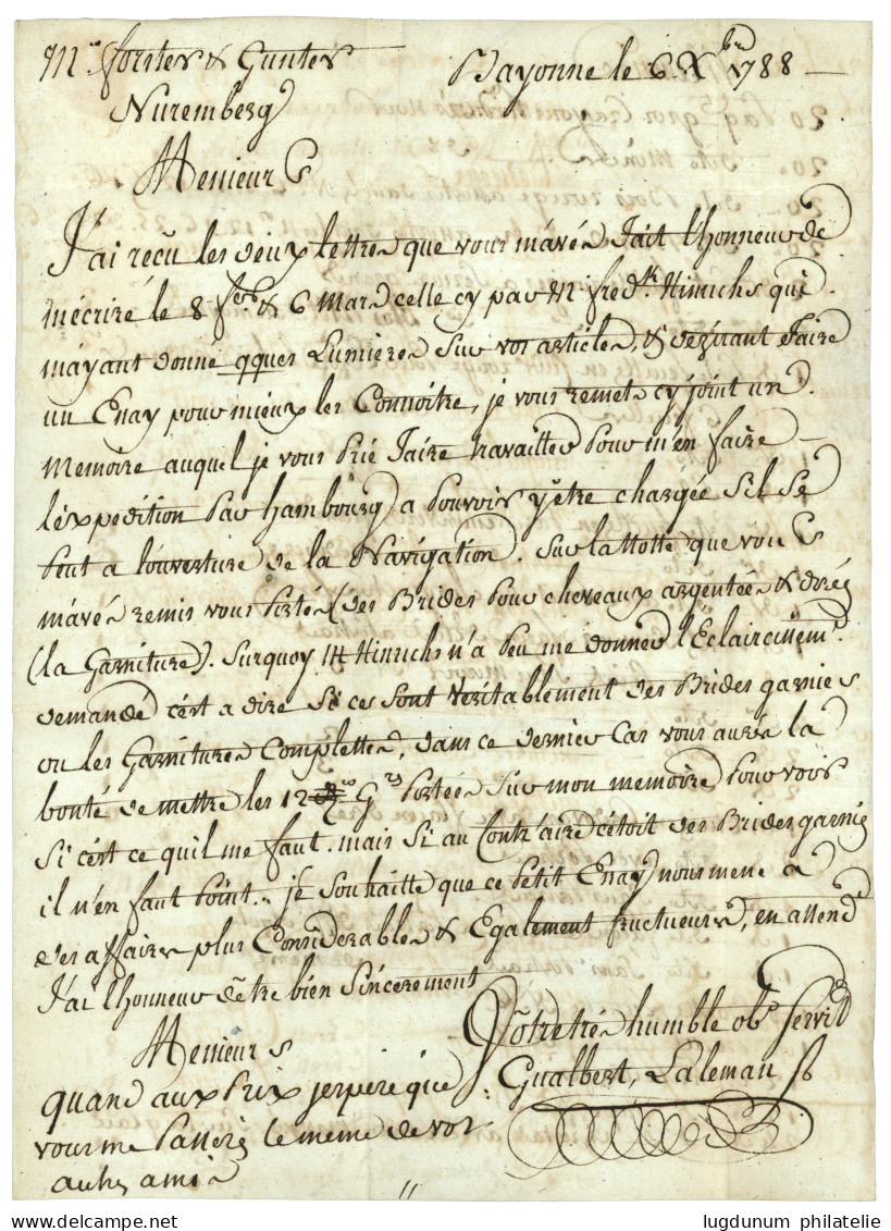 BASSES PYRENEES : 1789 BAYONNE /P. PAYE (Lenain 10) Sur Lettre (pd) Avec Texte Pour NUREMBERG (ALLEMAGNE). Indice 24. B/ - 1701-1800: Precursores XVIII