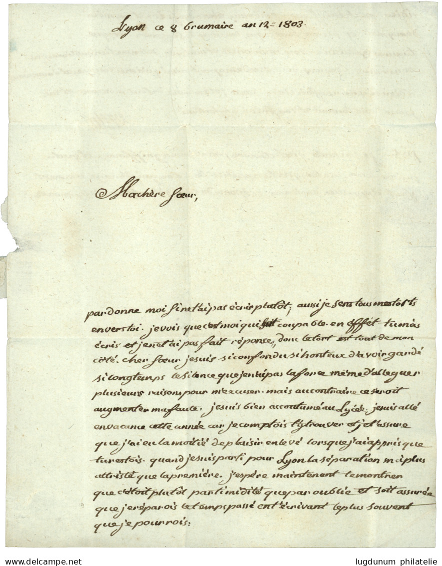 RHONE : 1803 DEBOURSE Orné DEB./DE LYON (Lenain 29) Sur Lettre Avec Texte De LYON Pour NEUVILLE. Indice 22. TB. - 1801-1848: Vorläufer XIX