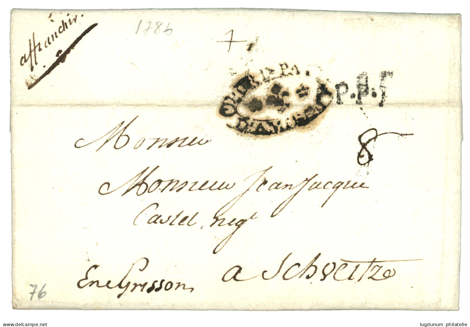 SOMME : 1786 PORT-PAYE D' AMIENS (Lenain 26) Sur Lettre Avec Texte Pour SCHVEITZE EN GRISSON (SUISSE). Indice 24. TB. - 1701-1800: Voorlopers XVIII
