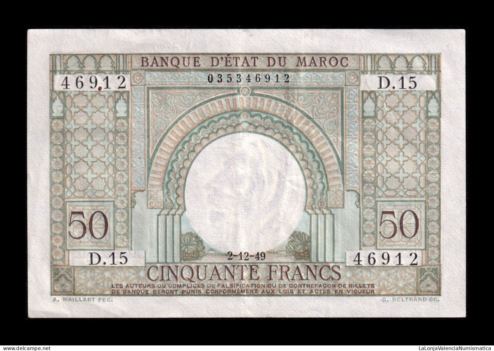 Marruecos Morocco 50 Francs 1949 Pick 44 Ebc Xf - Maroc