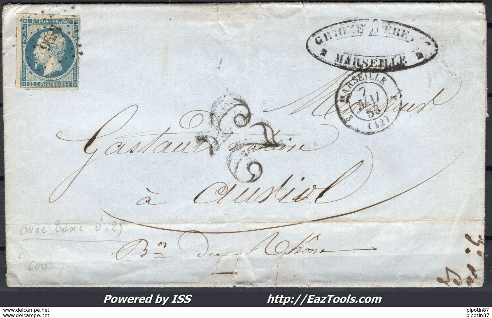 FRANCE EMISSION PRESIDENCE 25c BLEU N° 10 SUR LETTRE TAXE 25CTS COMBINAISON PEU COMMUNE CAD MARSEILLE - 1852 Louis-Napoléon