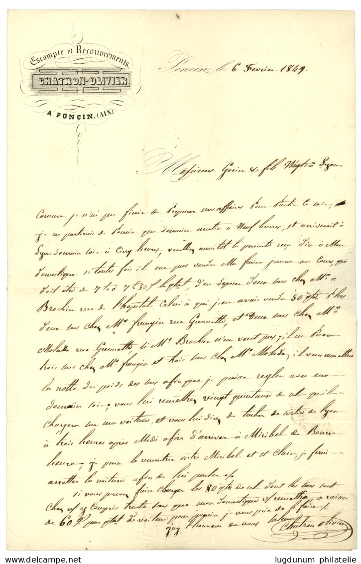 1849 20c (n°3) TTB Margé + Cursive 1 PONCIN + T.13 CERDON Sur Lettre Avec Texte. Superbe. - 1849-1850 Ceres