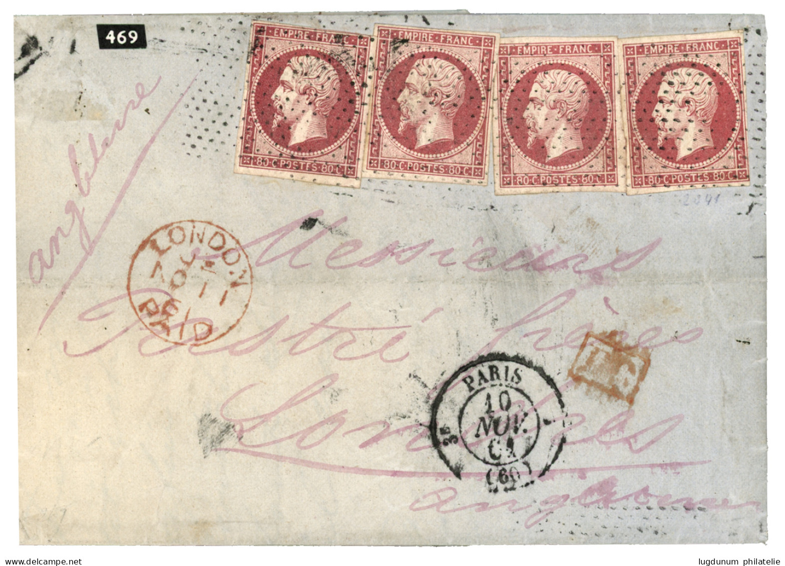 1861 4 Exemplaires Du 80c (n°17) Obl. Rouleau De POINTILLES FINS Sur Lettre De PARIS Pour L' ANGLETERRE. Affrt Rare à 3F - 1853-1860 Napoleon III