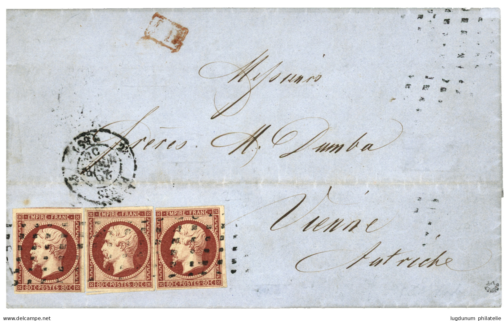 1855 80c (n°17)x3, Un Ex. Pd Obl. ROULEAU De GROS POINTS Sur Lettre De PARIS Pour VIENNE (AUTRICHE). Affrt à 2F40 Rare A - 1853-1860 Napoleon III