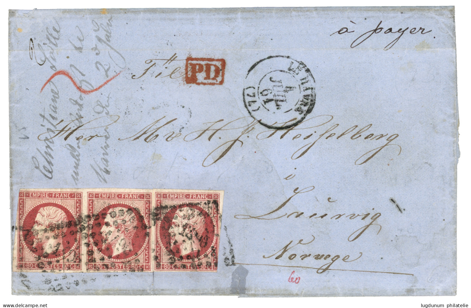 1861 80c (n°17) Paire + 1 Ex. Pd Sur Lettre DU HAVRE Pour LAURVIG (NORVEGE). Double Port à 2F40. TB. - 1853-1860 Napoleon III