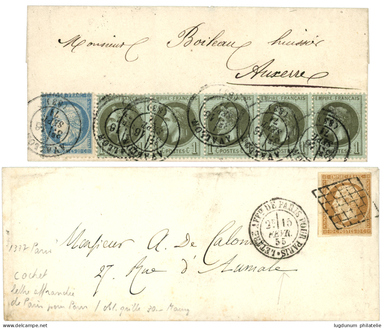 1871 1c (n°25) Bande De 5 + N°37 Obl. T.17 AVALLON Pr AUXERRE + 1855 N°13 Obl. GRILLE Lettre PARIS. TTB. - 1863-1870 Napoleon III With Laurels