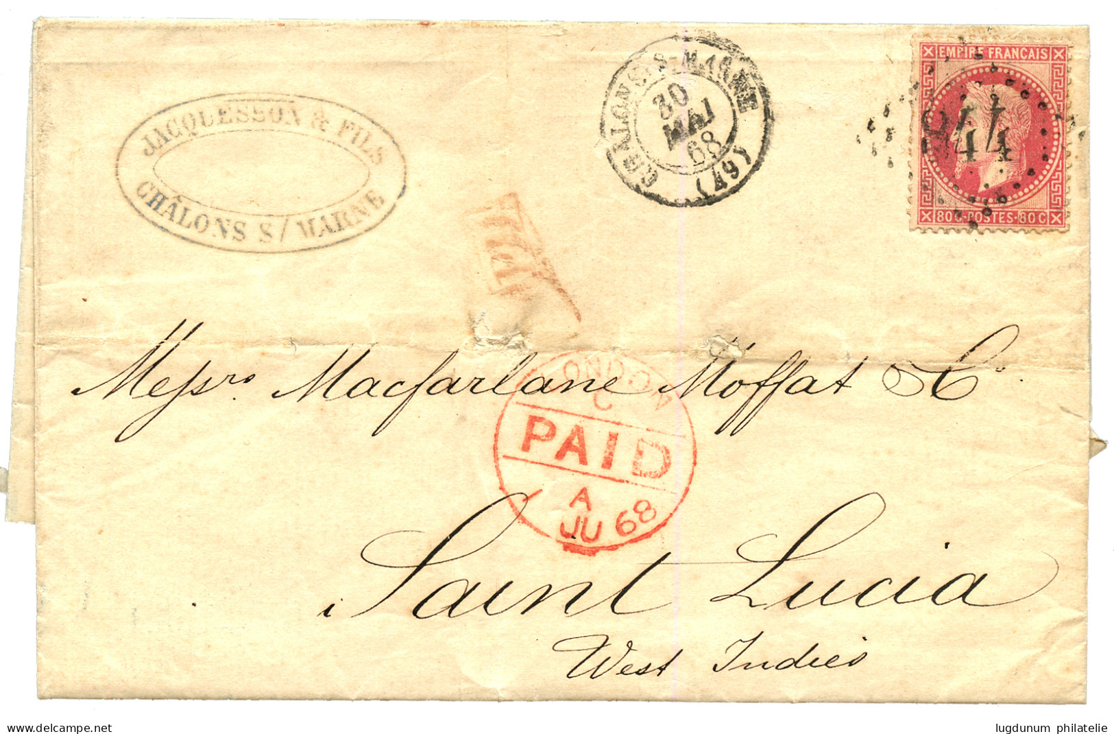 "Destination STE LUCIE" : 1868 80c (n°32) Sur Lettre De CHALON SUR MARNE Pour SAINT LUCIA Avec Arrivée Au Verso. Destina - 1863-1870 Napoleon III Gelauwerd