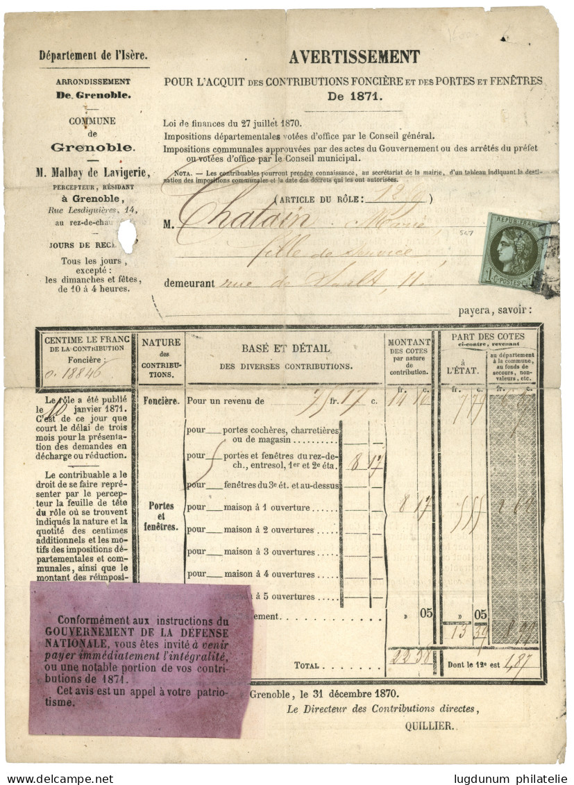 1871 1c BORDEAUX Report 2 (n°39B) TB Margé Obl. T.17 GRENOBLE IMPRIME (AVERTISSEMENT). Rare. Cote 1800€. TB. - 1870 Bordeaux Printing