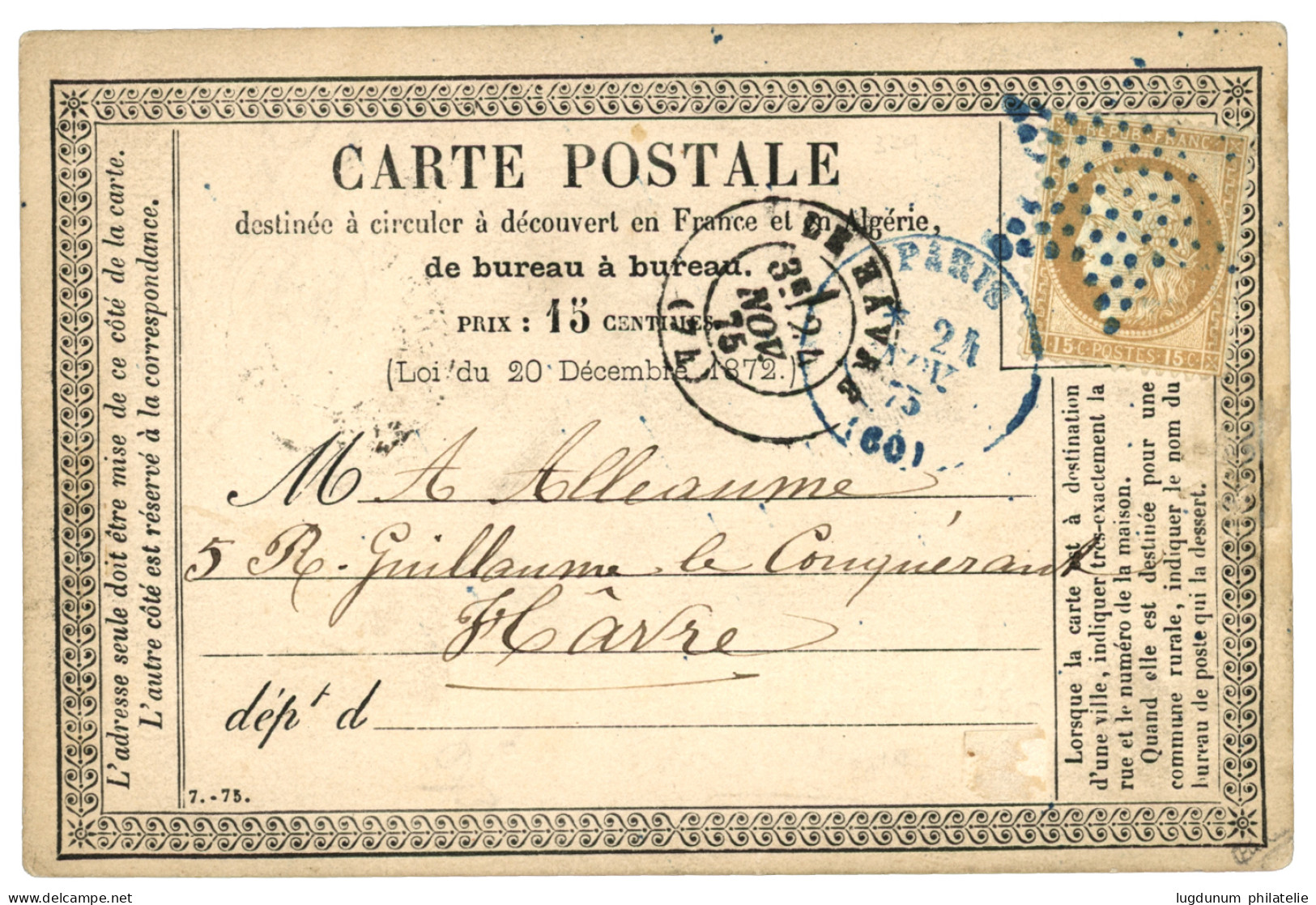 "ETOILE De PARIS En Bleu" : 1875 15c CERES (n°55) Obl. ETOILE Bleue + Cachet PARIS En Bleu Sur CARTE PRECURSEUR. TTB. - 1871-1875 Cérès