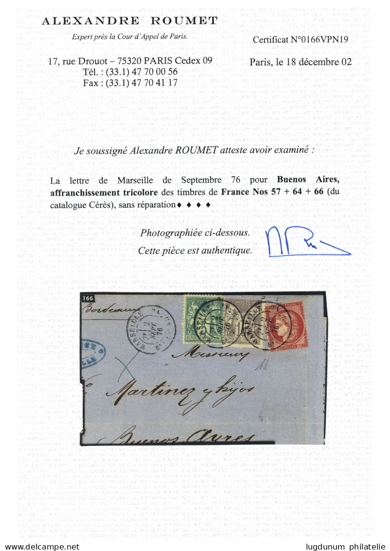 1876 80c CERES (n°57)+ SAGE 5c (n°64) + 15c (n°66) Obl. MARSEILLE Sur Lettre Pour L' ARGENTINE. Certificat ROUMET (2002) - 1871-1875 Cérès