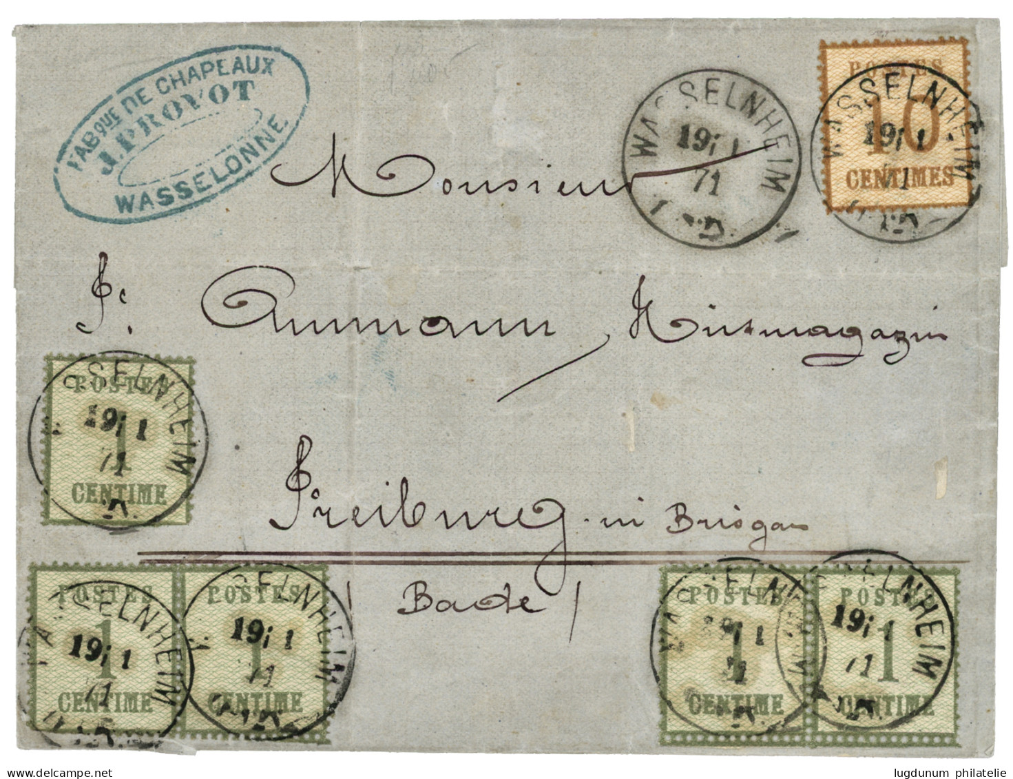 ALSACE LORRAINE : 1871 1c (n°1)x5 + 10c (n°5) Obl. WASSELNHEIM Sur Lettre Pour FREIBURG (BADE). Affrt Trés RARE. Certifi - Autres & Non Classés