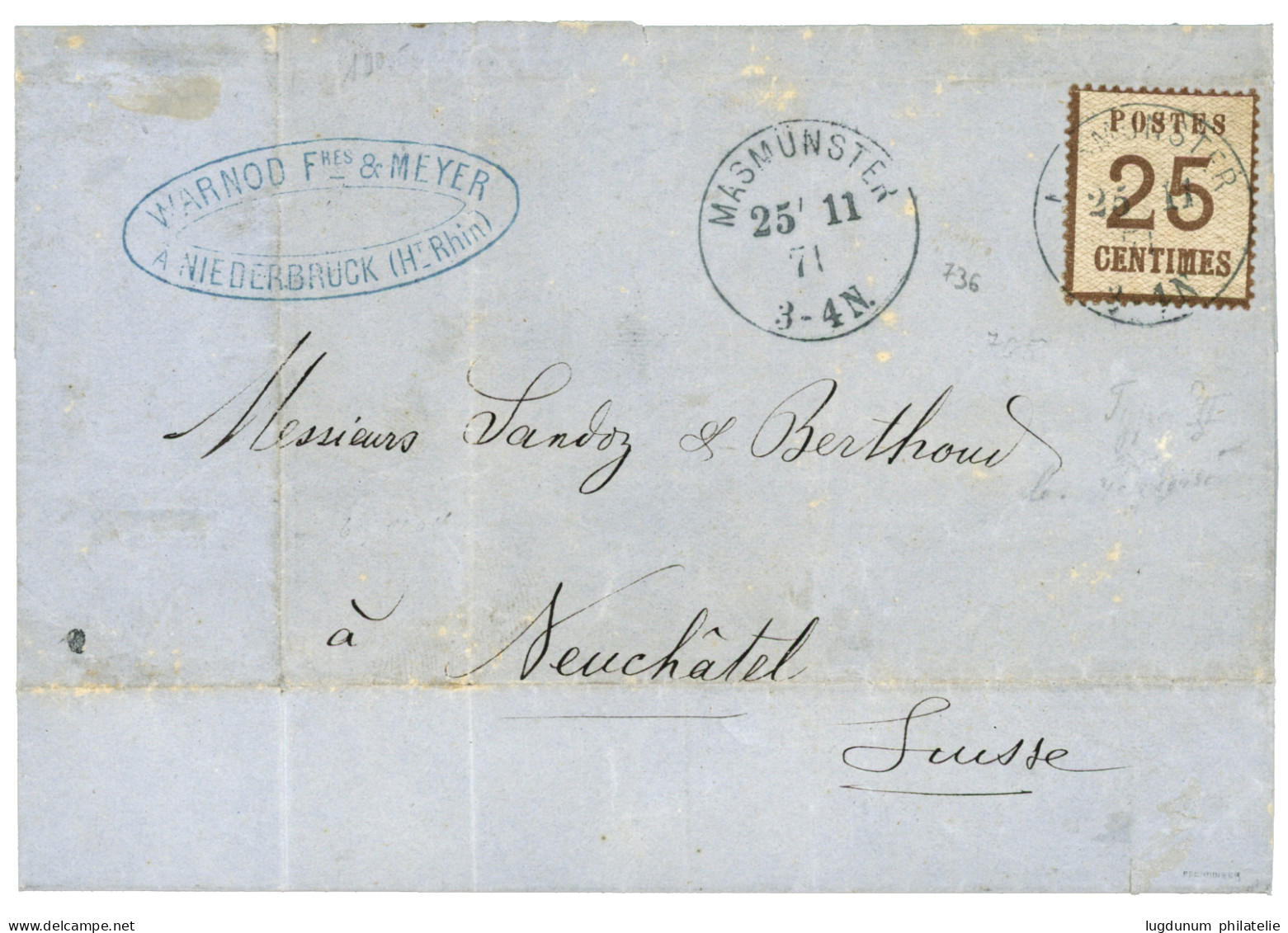 ALSACE LORRAINE : 1871 25c Burelage Renversé (n°7b) Obl. MASMUNSTER Sur Lettre Pour NEUCHATEL (SUISSE). Certificat PFENN - Other & Unclassified