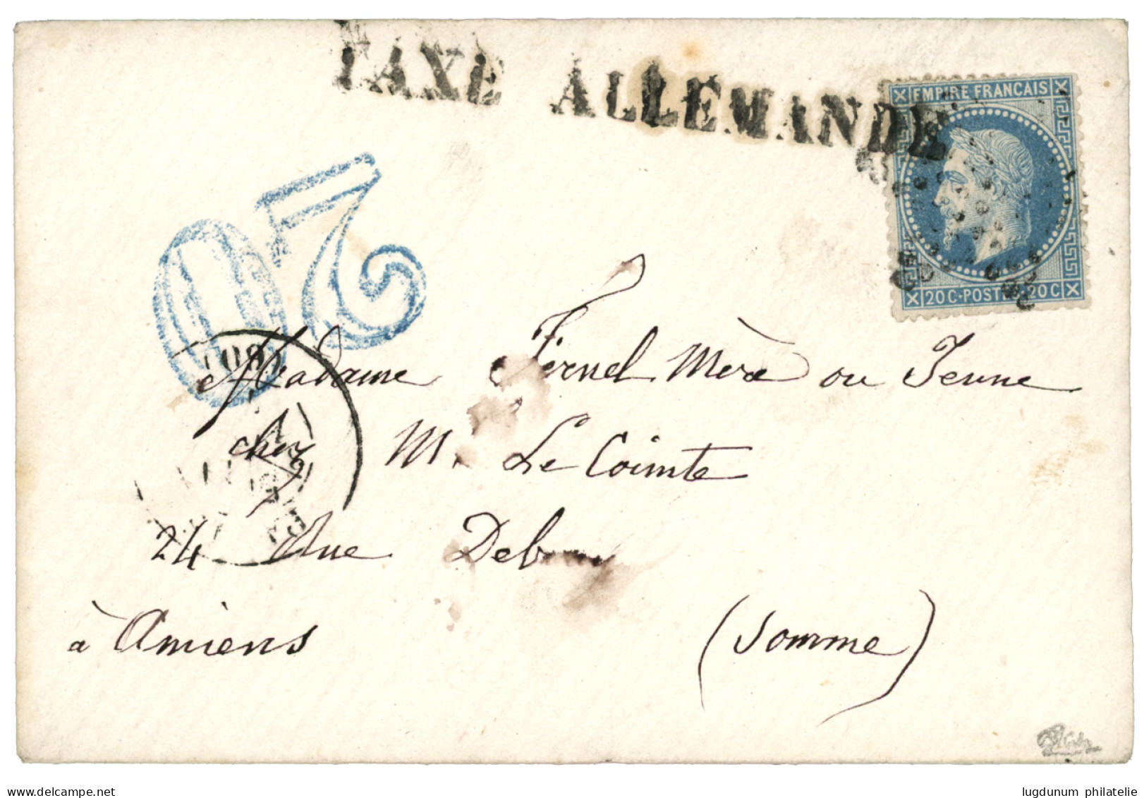 1871 20c (n°29) Obl. Etoile + PARIS 31 JANV 71 + TAXE ALLEMANDE + Taxe 20 D.T Bleue Sur Enveloppe Avec Texte Daté "PARIS - Other & Unclassified