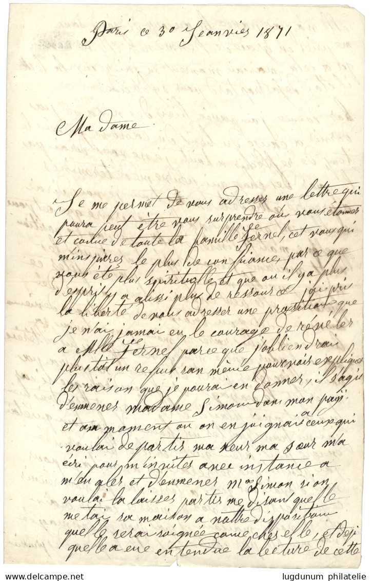 1871 20c (n°29) Obl. Etoile + PARIS 31 JANV 71 + TAXE ALLEMANDE + Taxe 20 D.T Bleue Sur Enveloppe Avec Texte Daté "PARIS - Other & Unclassified