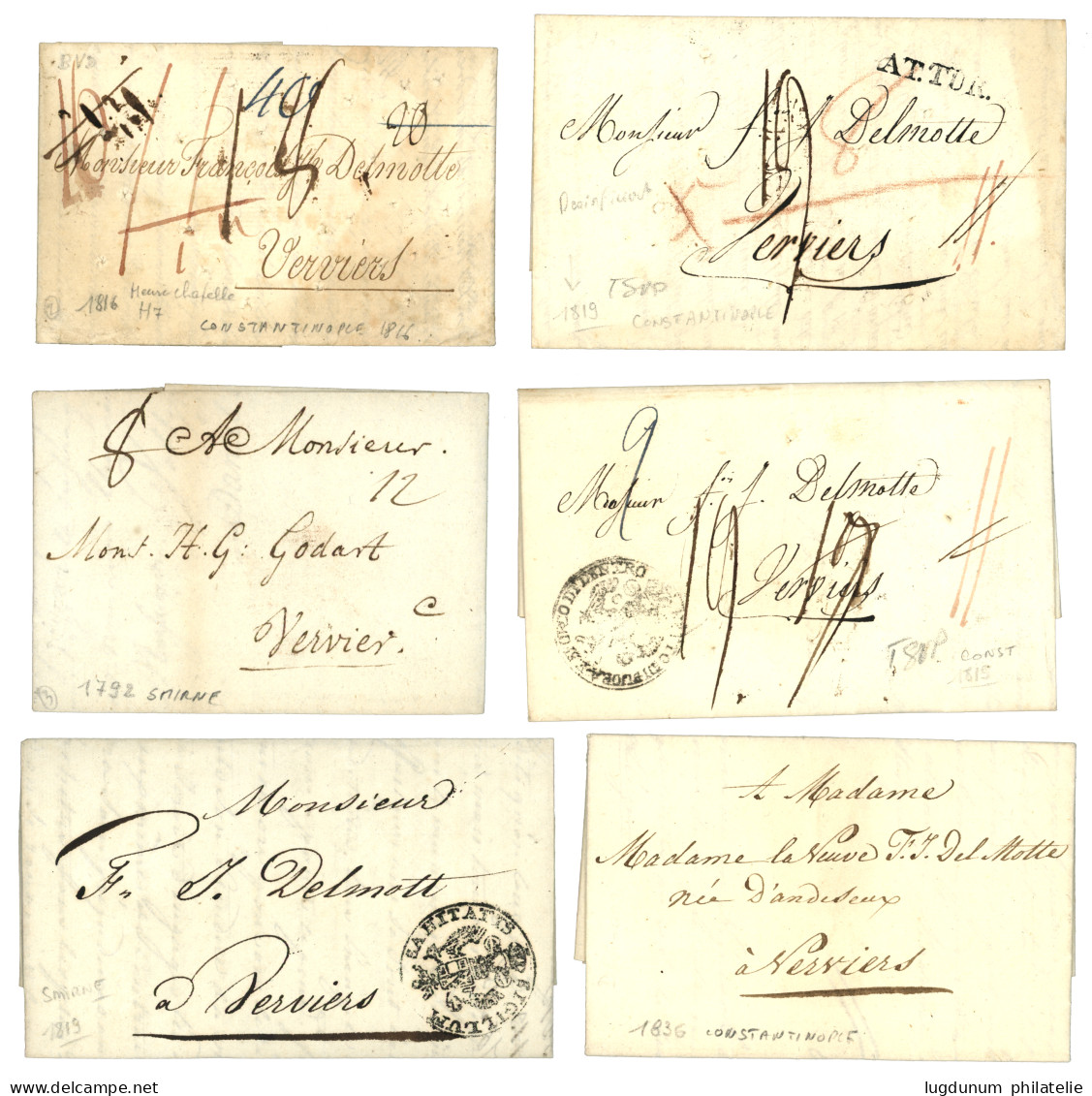 FORWARDING AGENT : 1792/1819 Lot 6 Lettres Avec Texte De SMIRNE Ou CONSTANTINOPLE Pour VERVIERS (BELGIQUE) Avec Achemine - Maritime Post