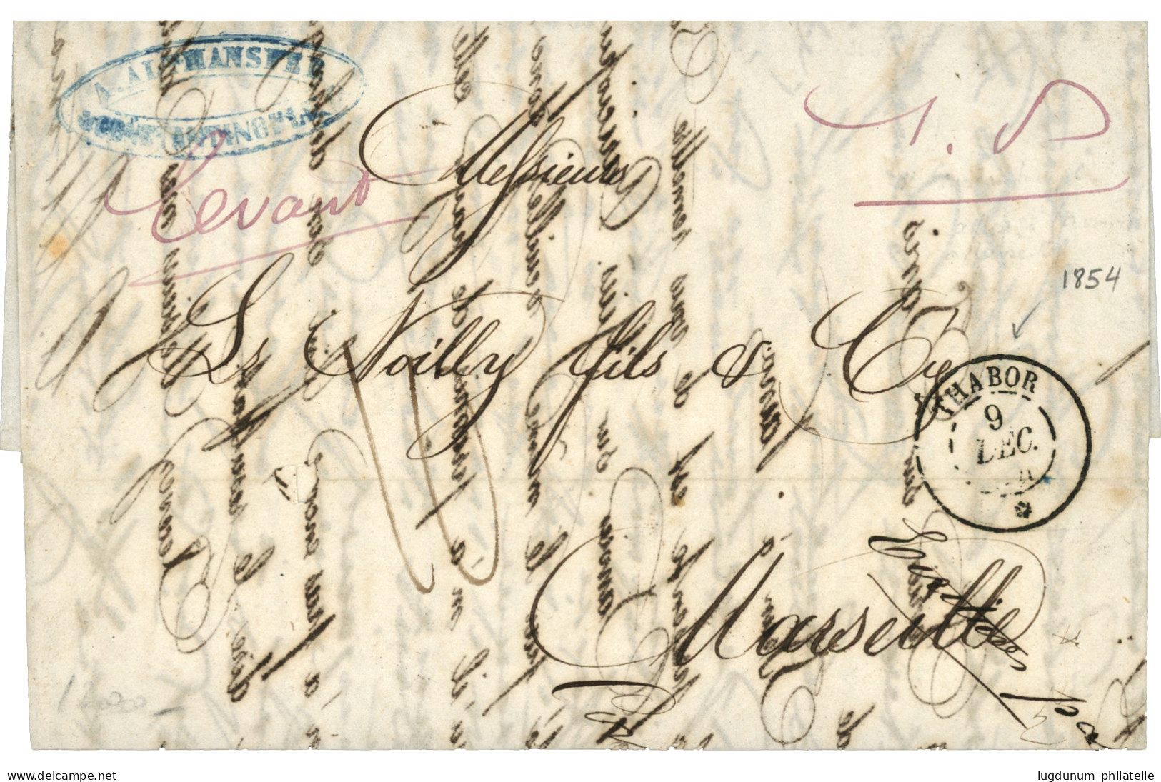 1854 Cachet Rare Du Paquebot THABOR 9 Dec 54 + Taxe 10, De CONSTANTINOPLE Pour MARSEILLE. TTB. - Maritime Post