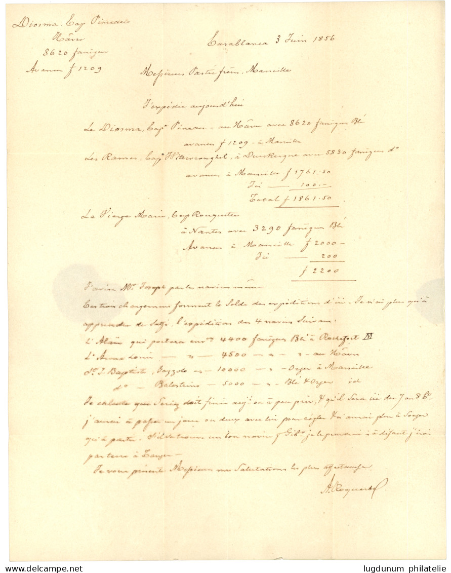 MAROC PRECURSEUR Acheminé Via LE HAVRE : 1856 T.15 LE HAVRE + Taxe 30 D.T Sur Lettre Avec Texte Daté "CASABLANCA" Pour M - Maritieme Post