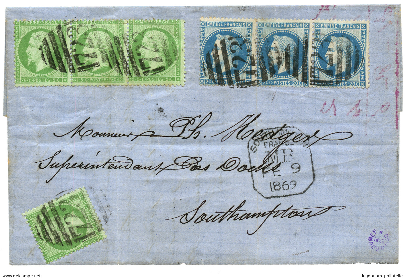 BOITE MOBILE De SOUTHAMPTON : 1869 Affranchissement Exceptionnel à 80c Avec 5c(n°20)x4 + 20c(n°29)x3 Obl. Cachet Anglais - Poste Maritime