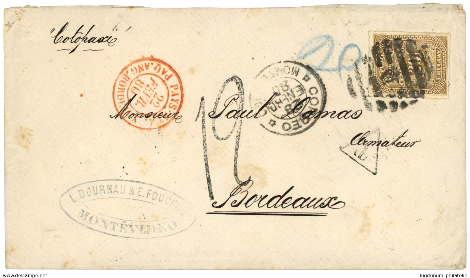 1880 URUGUAY 20c + Taxe 12 + PAYS ETR. PAQ. ANG. BORDEAUX Sur Enveloppe Pour BORDEAUX. TTB. - Correo Marítimo