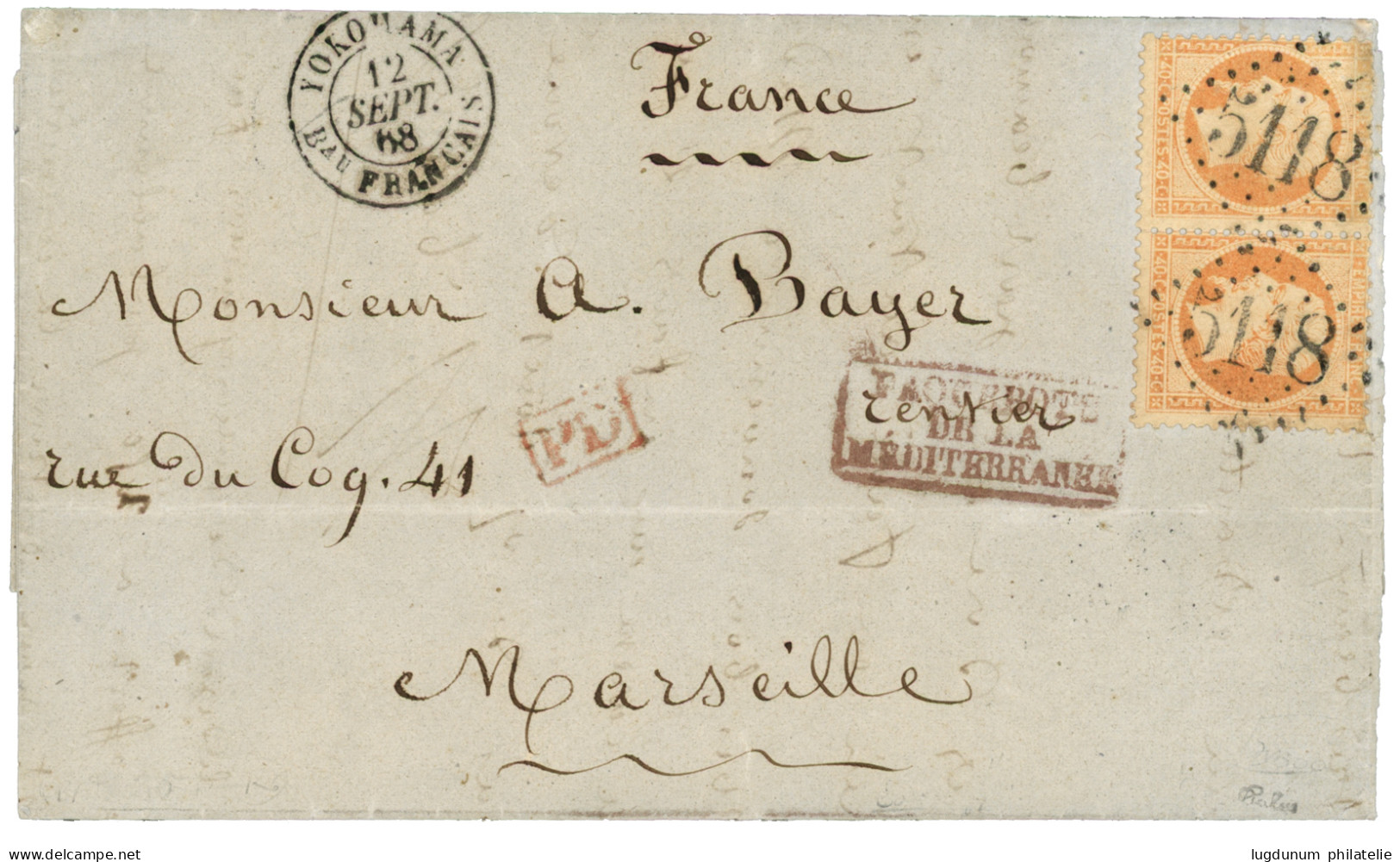 1868 Paire 40c (n°23) Obl. GC 5118 + YOKOHAMA Bau FRANCAIS + PAQUEBOTS DE LA MEDITERRANEE (rare Sur Lettre Du JAPON), Po - 1849-1876: Classic Period