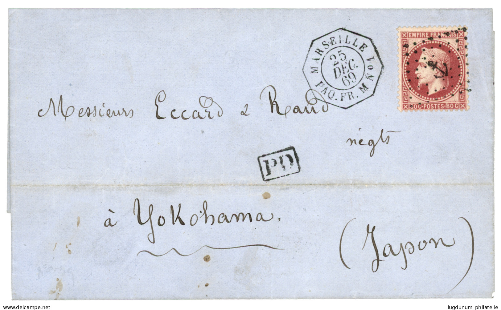 "LIGNE Annexe M" : 1869 80c (n°32) Obl. ANCRE + Trés Rare Cachet MARSEILLE PAQ. FR. M N°1 Sur Lettre Pour YOKOHAMA (JAPO - 1849-1876: Période Classique