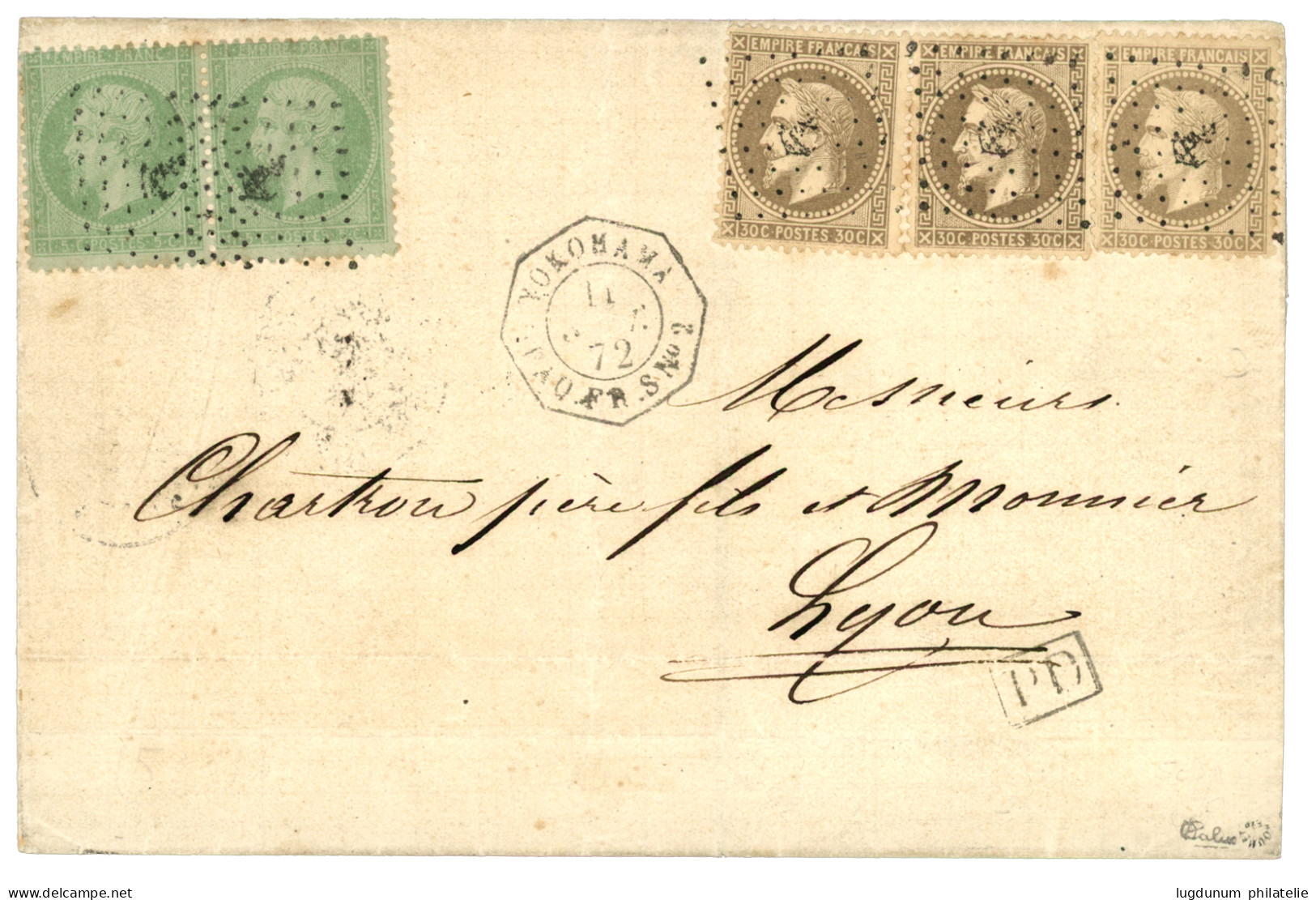 1872 Paire 5c Vert Pâle Sur Bleu (n°35) + 30c (n°30)x3 Obl. ANCRE + YOKOHAMA PAQ. FR. S N°2 Sur Lettre Pour LYON. Combin - 1849-1876: Klassieke Periode