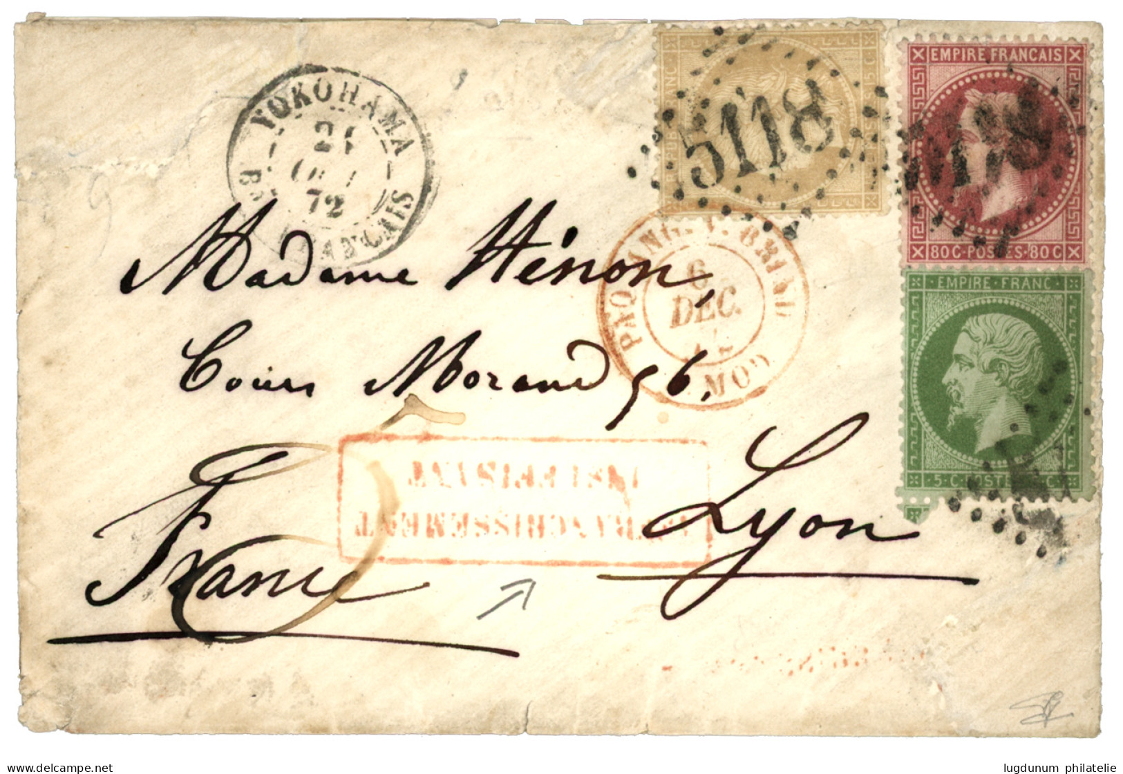 1872 5c Empire (n°20) + 80c (n°32) + 15c CERES (n°59) Obl. GC 5118 + YOKOHAMA Bau FRANCAIS + AFFRANCHISSEMENT INSUFFISAN - 1849-1876: Klassik