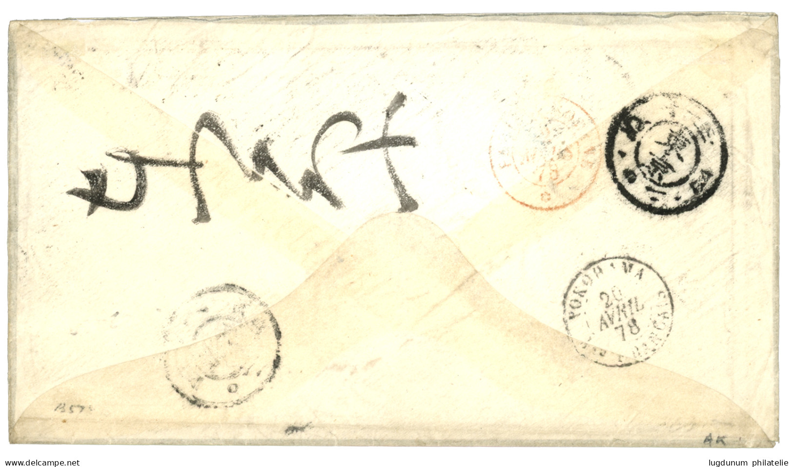 1873 40c Siège (n°38)x2 Obl. T.17 HYERES + YOKOHAMA PAID ALL Rouge Sur Enveloppe VIA BRINDISI Pour YOKOHAMA (JAPON). TTB - 1849-1876: Classic Period