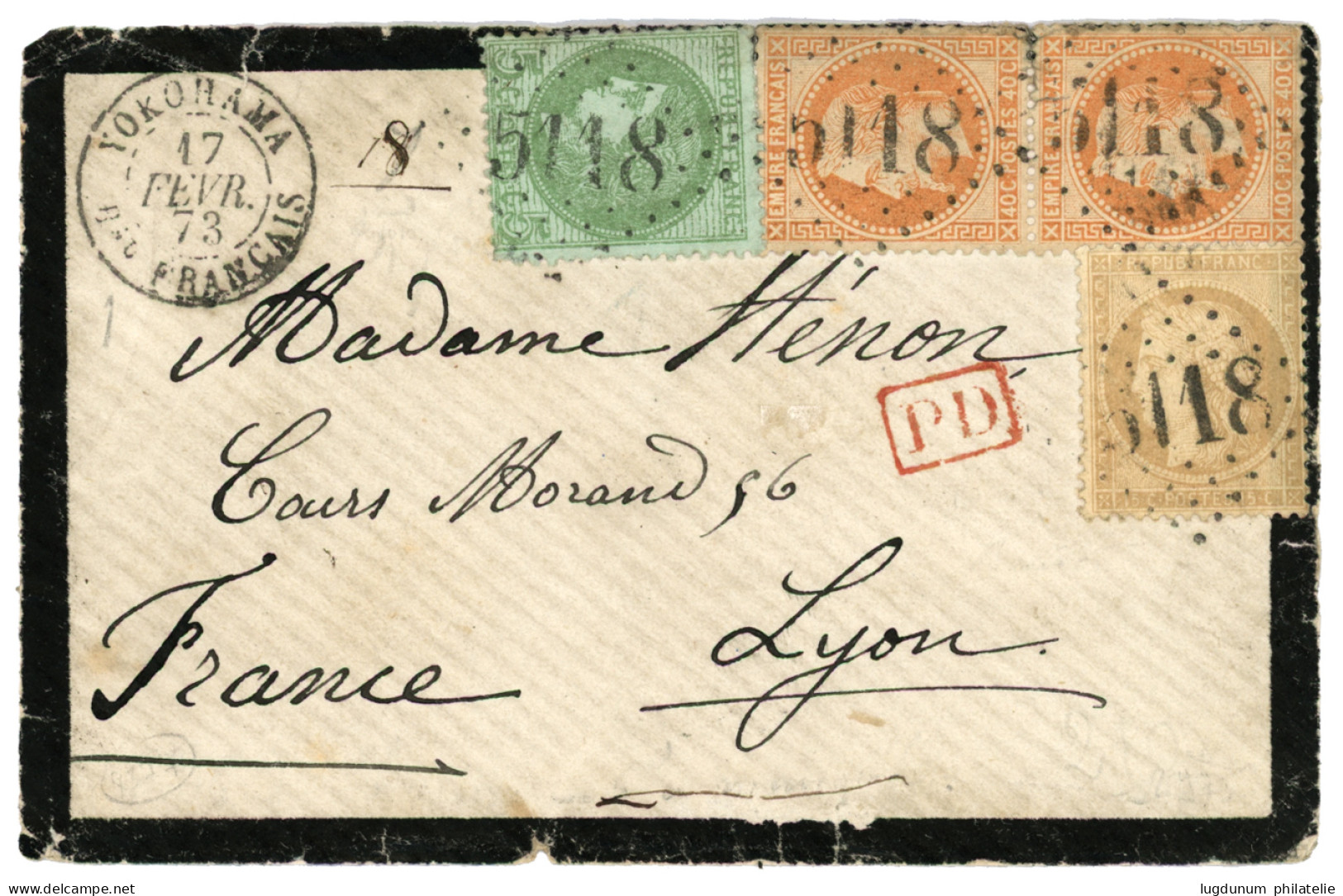 1873 Mixte EMPIRE 40c (n°31)x2 Pd + CERES 5c (n°53) + 15c (n°59) Obl. GC 5118 + YOKOHAMA Bau FRANCAIS Sur Enveloppe Pour - 1849-1876: Période Classique