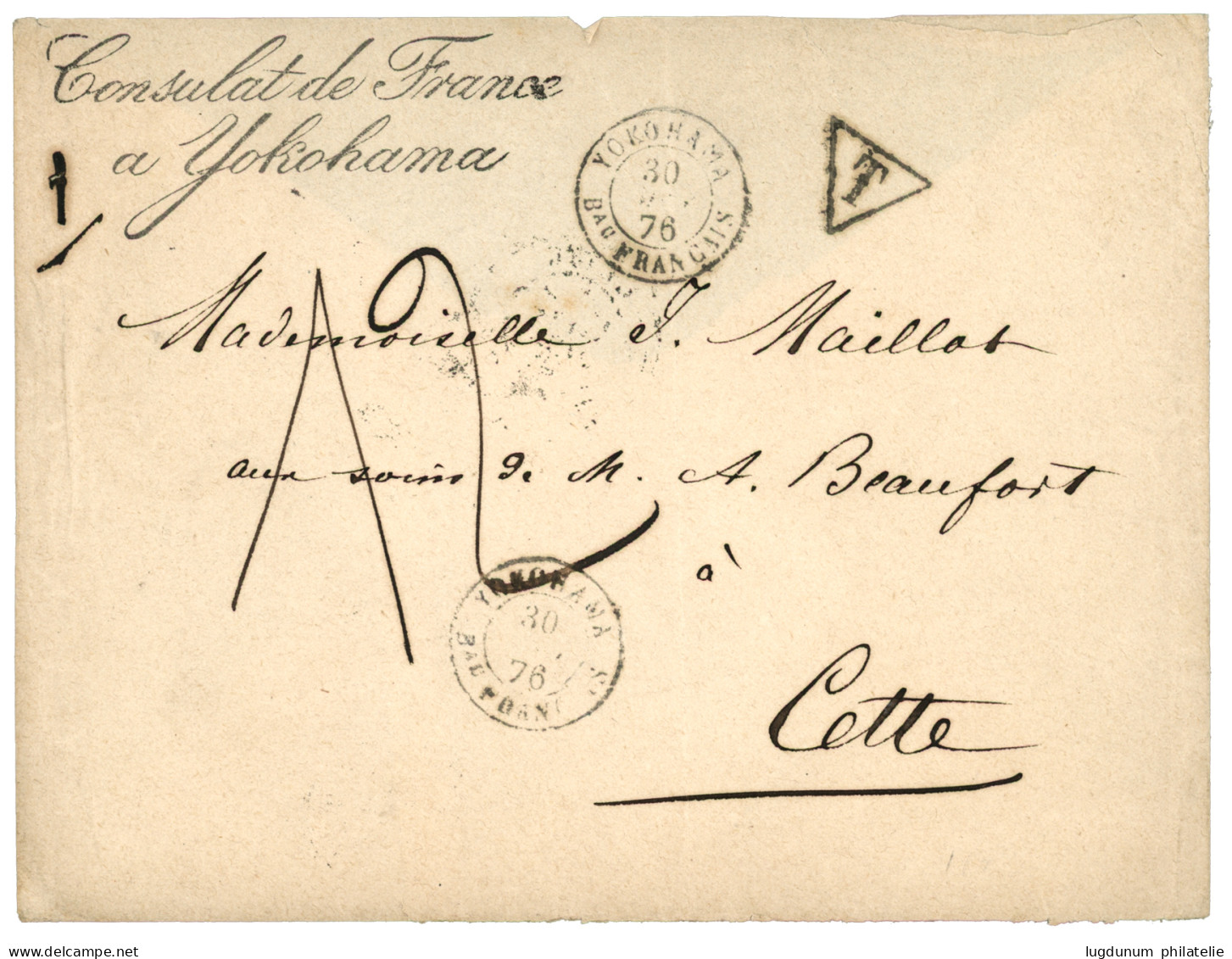 CONSULAT DE FRANCE A YOKOHAMA : 1876  YOKOHAMA Bau FRANCAIS + Taxe 12 + CONSULAT DE FRANCE à YOKOHAMA Sur Enveloppe Pour - 1849-1876: Klassieke Periode