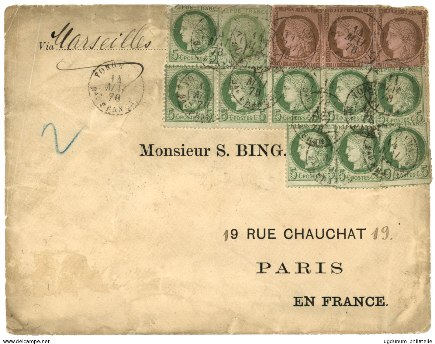 1878 CERES 5c (x10) + 10c (x3) Obl. YOKOHAMA Bau FRANCAIS Sur Enveloppe (Double Port) Pour La FRANCE. Des Défauts Mais A - 1877-1920: Semi-Moderne