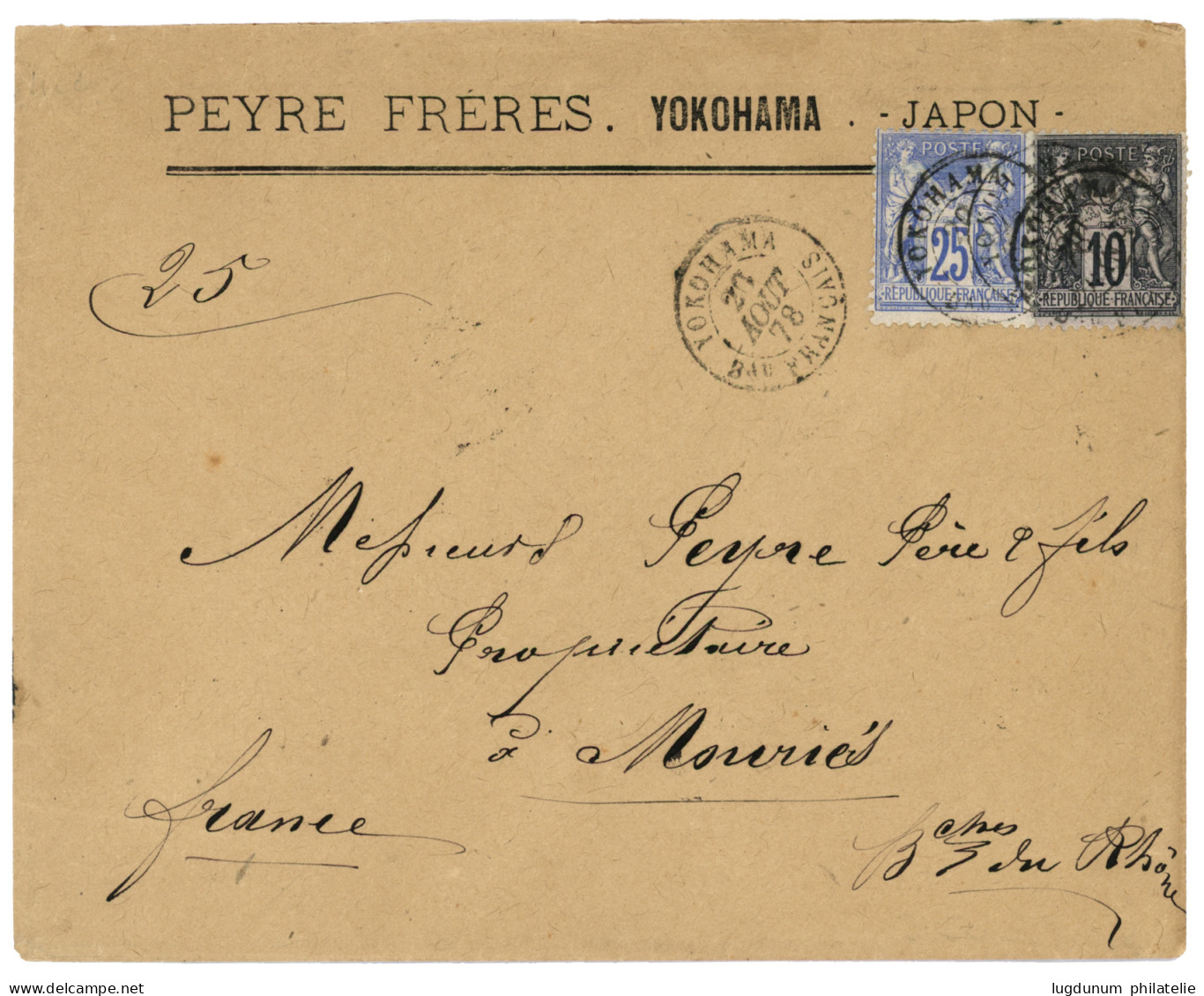1878 SAGE 10c + 25c Obl. YOKOHAMA Bau FRANCAIS Sur Enveloppe Pour La FRANCE. Rare. Superbe. - 1877-1920: Periodo Semi Moderno