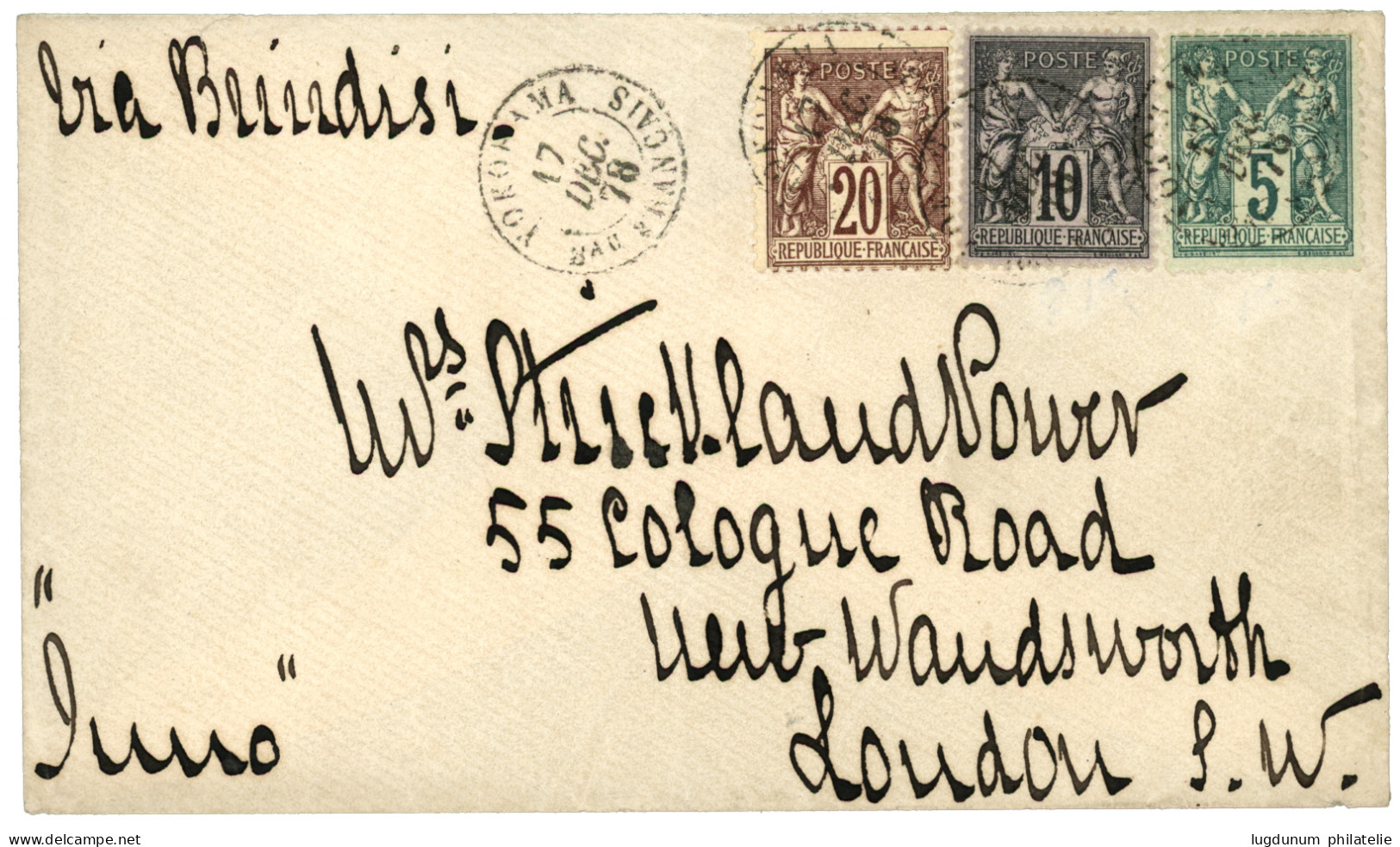1878 SAGE 5c + 10c + 20c  Obl. YOKOHAMA Bau FRANCAIS Sur Enveloppe Pour La FRANCE. Rare. Superbe. - 1877-1920: Semi Modern Period