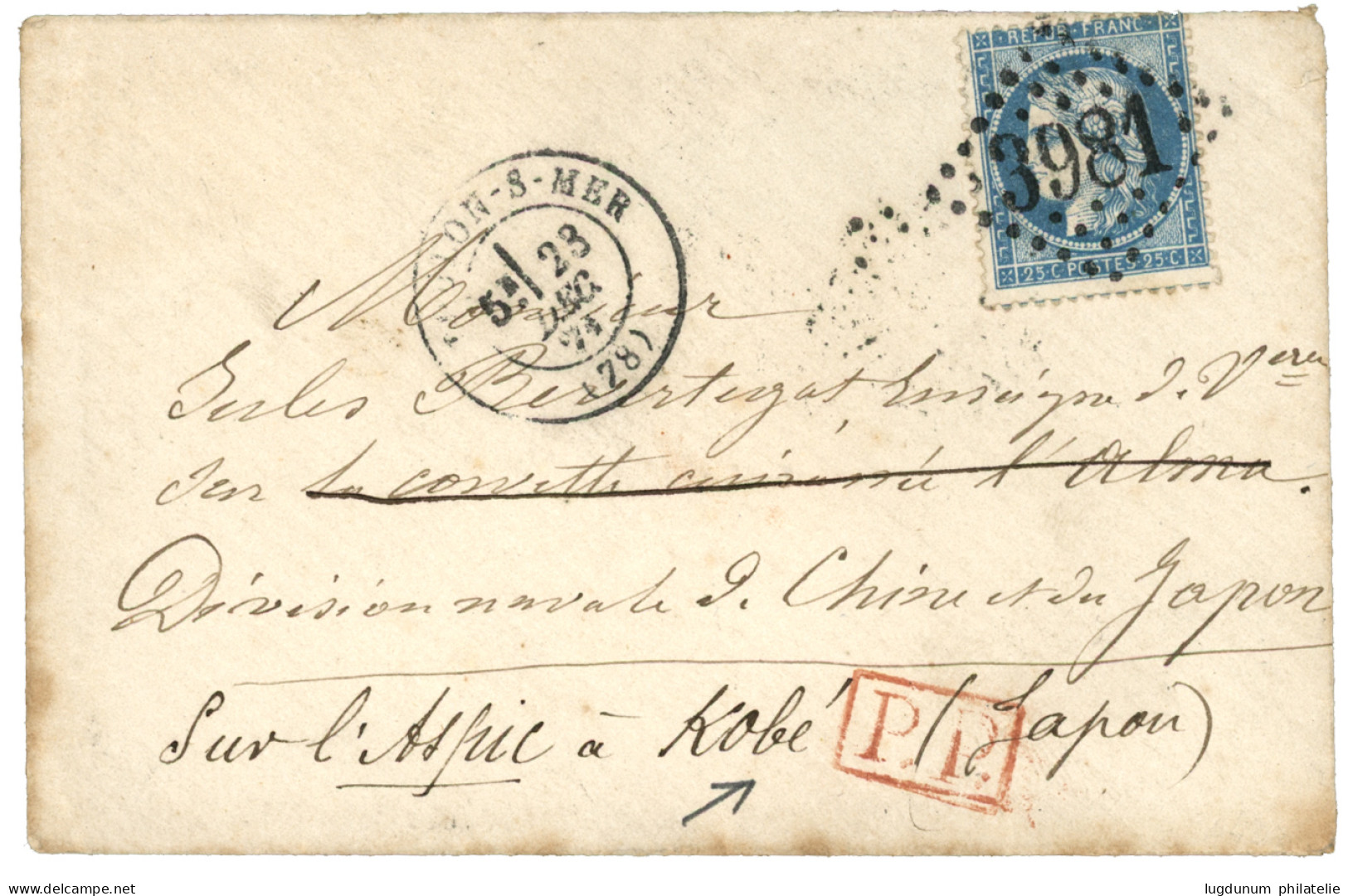 "Tarif Militaire à 25c" : 1871 25c CERES (n°60) Obl. GC 3981 + TOULON-S-MER Sur Enveloppe Au Tarif Militaire Pour KOBE ( - 1849-1876: Klassieke Periode