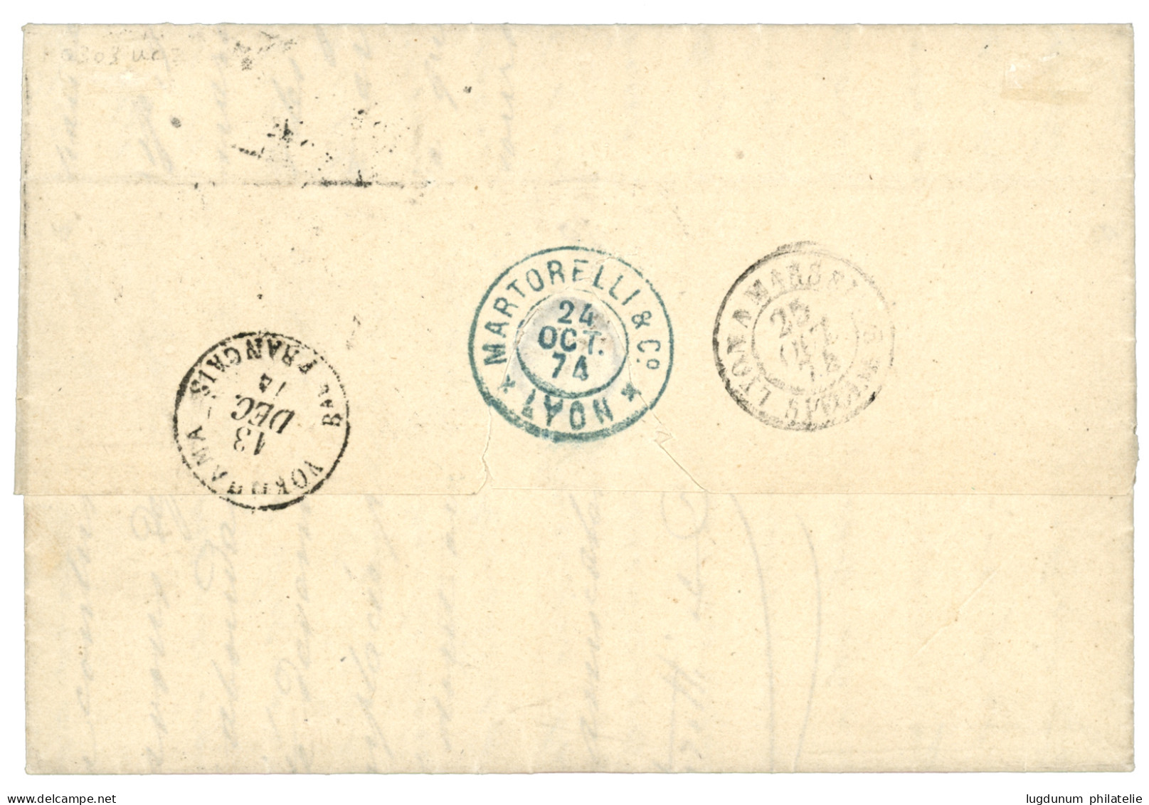 1874 25c CERES (n°60)x4  Obl. GC 6316 Sur Lettre De LYON Pour YOKOHAMA (JAPON). Verso, YOKHOAMA Bau FRANCAIS. Superbe. - 1849-1876: Klassik