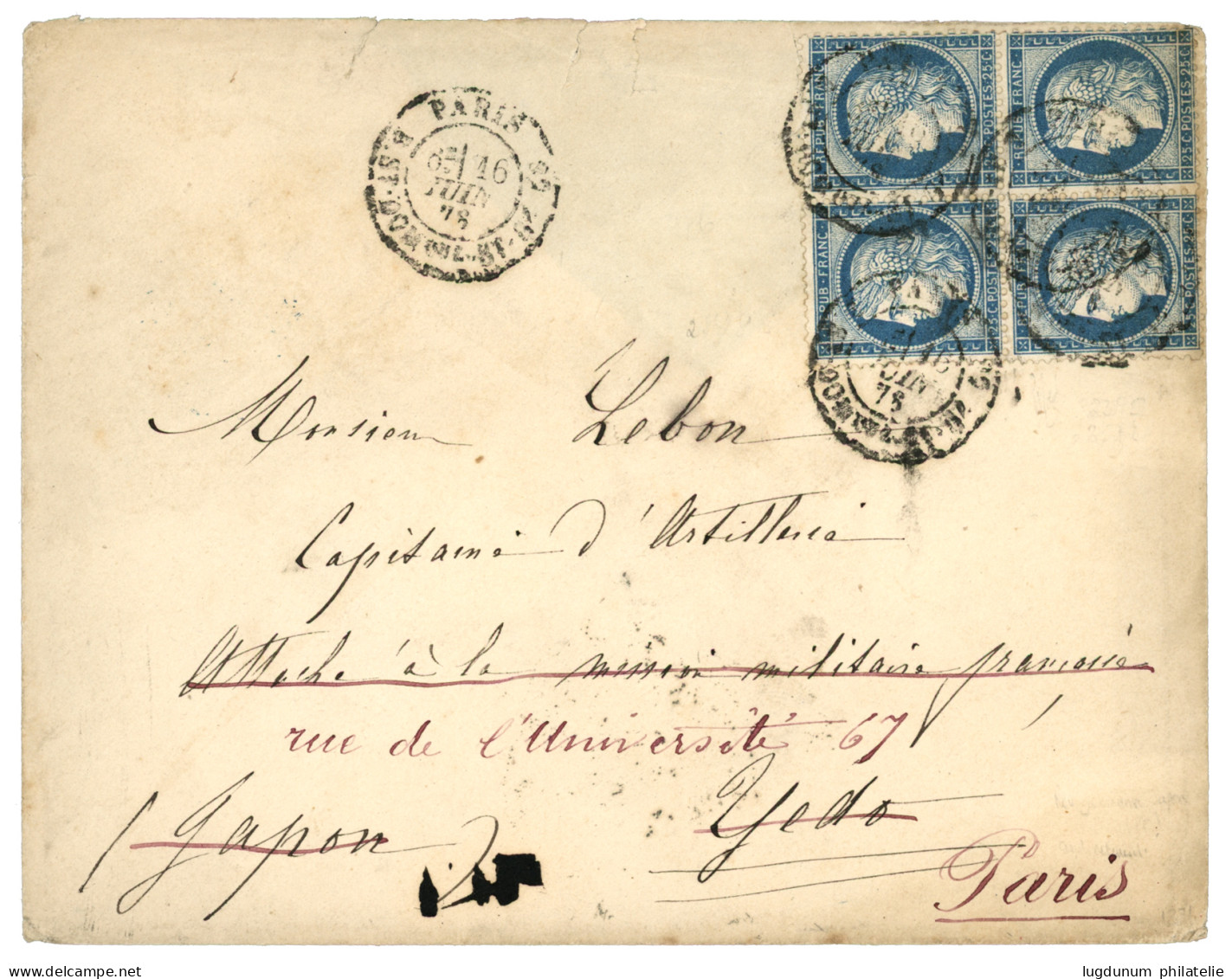 "Bloc De 4 Pour Le JAPON" : 1876 25c CERES (n°60) Bloc De 4 Obl. Cachet à Date PARISsur Enveloppe Pour YEDO (JAPON). Ver - 1849-1876: Klassieke Periode