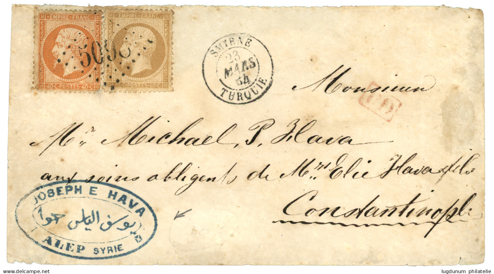 ALEP Via SMYRNE : 1864 10c (n°21) + 40c (n°23) Obl. GC 5098 + AMYRNE TURQUIE + Grand Cachet Bleu JOSEPH E HAVA / ALEP SY - 1849-1876: Klassieke Periode