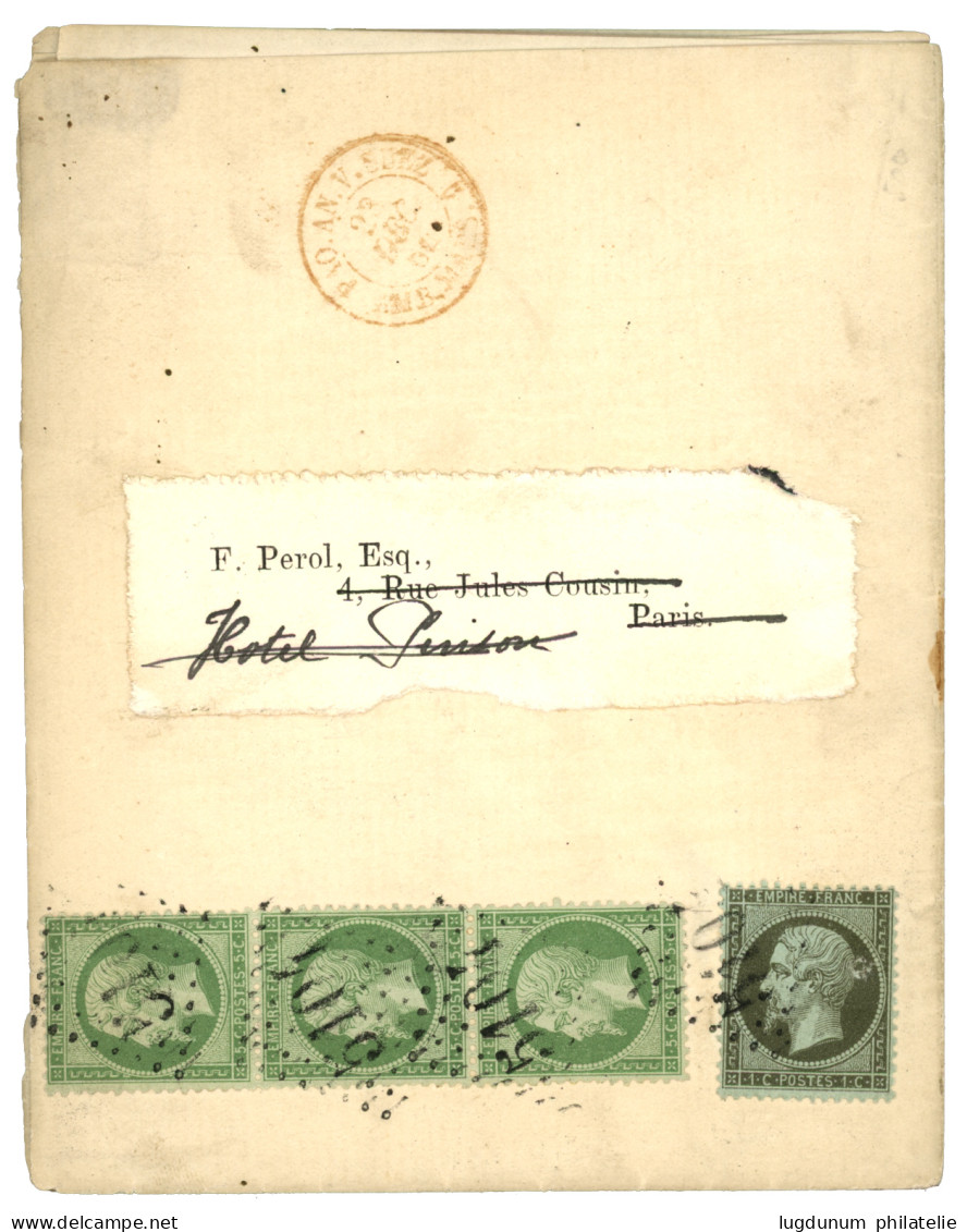 SHANGHAI CHINE - IMPRIME à 16c : 186€ 1c (n°19) + 5c (n°20) Bande De 3 Obl. GC 5104 + Cachet Rouge PAQ. AN.V.SUEZ MARSEI - 1849-1876: Periodo Classico