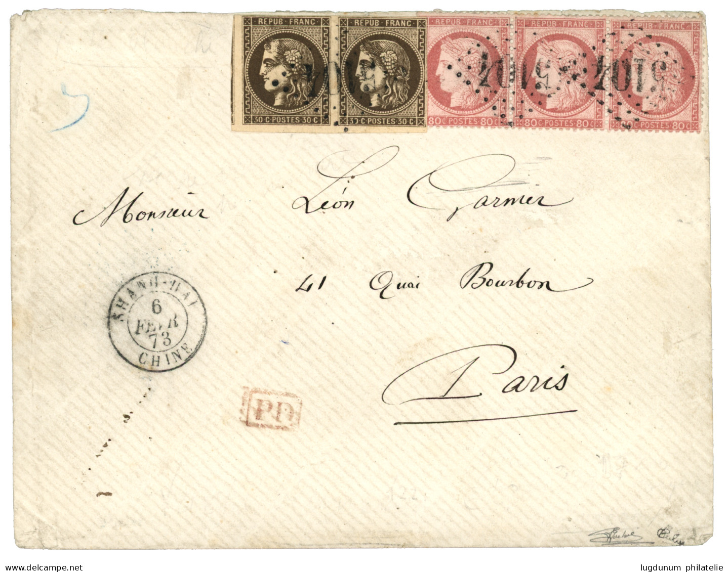 SHANGHAI CHINE - Emission De BORDEAUX : 1873 Paire 30c BORDEAUX (n°47) + 80c CERES (x3) Obl. GC 5104 + SHANG-HAI CHINE S - 1849-1876: Klassik