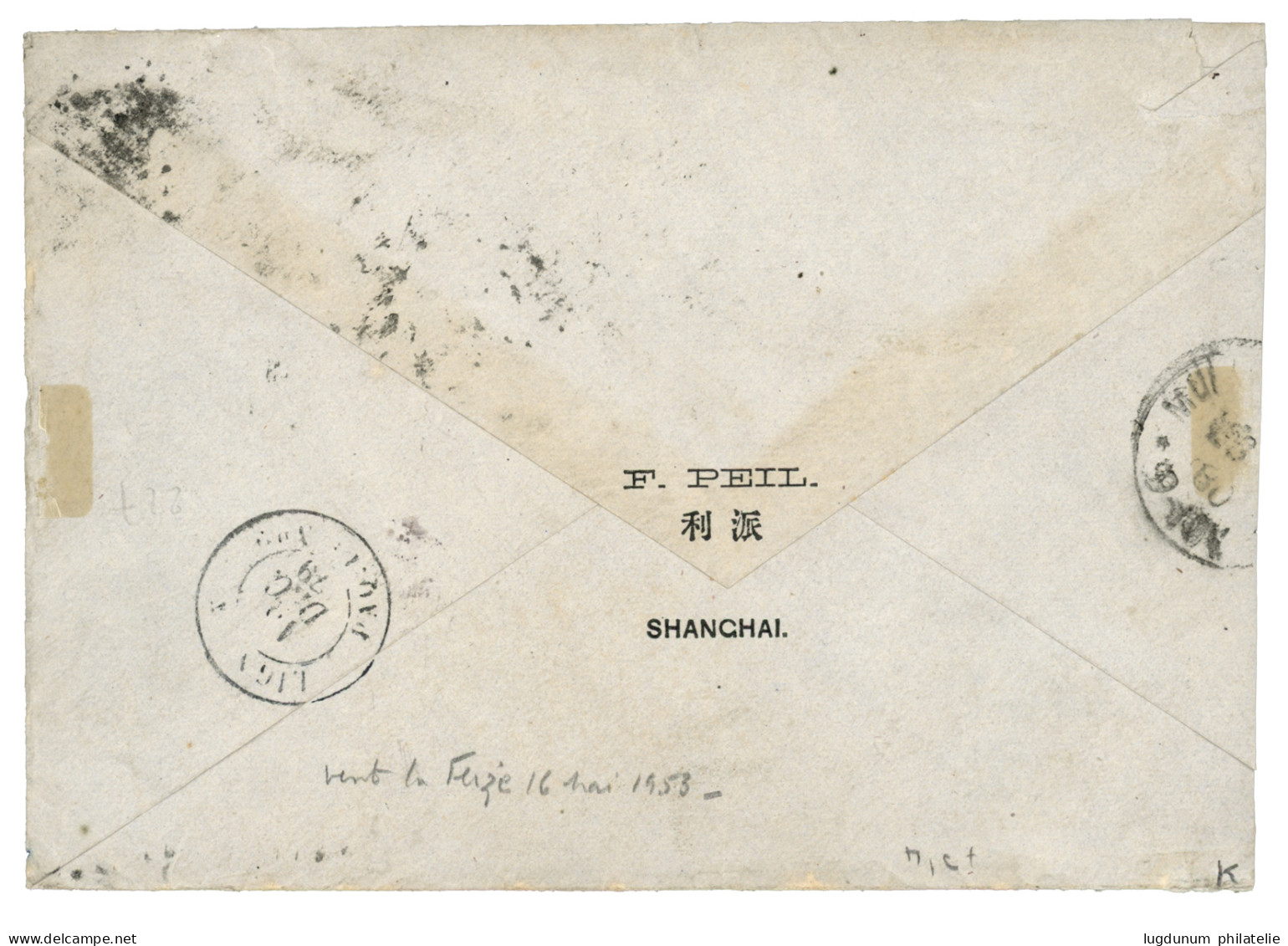 "Triple Port à 1F05" : 1879 SAGE 5c + 1F Obl. GC 5104 + SHANG-HAI CHINE Sur Enveloppe (Triple Port) Pour MULHOUSE (ALLEM - 1877-1920: Periodo Semi Moderno