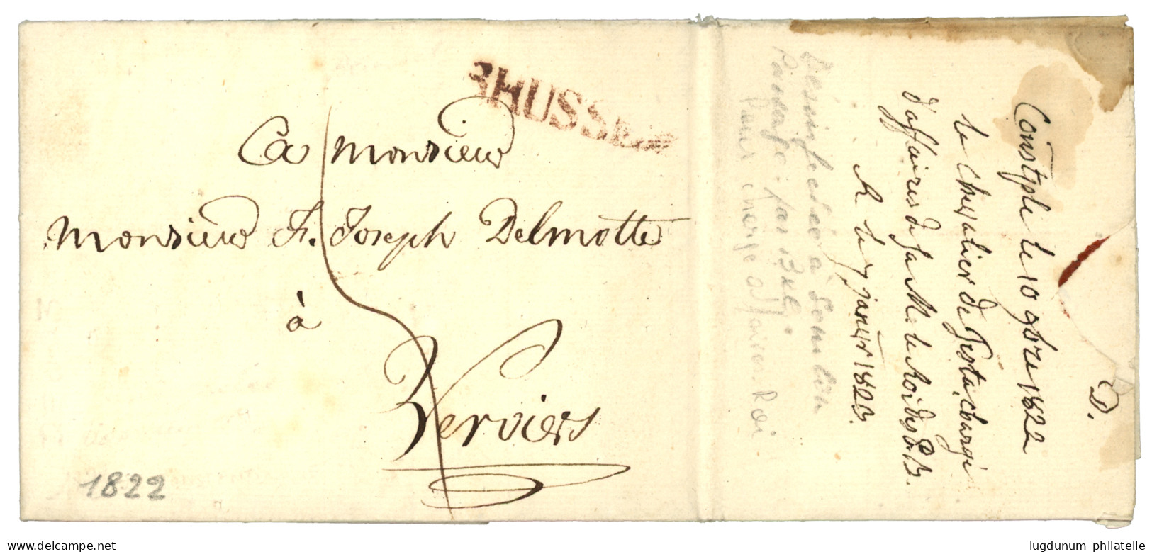 1822 BRUSSEL Rouge Sur Lettre Purifiée (rastel) Avec Texte De CONSTANTINOPLE Pour VERVIERS (BELGIQUE). Acheminement Rare - 1801-1848: Voorlopers XIX